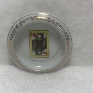 Vintage Playing Card Queen of Hearts Ceramic Ashtray‎ Gold Trim Trinket Dish